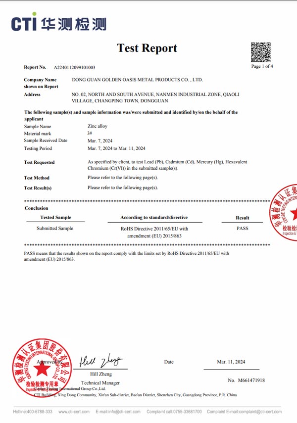 2024 ROHS report for 3# zinc alloy