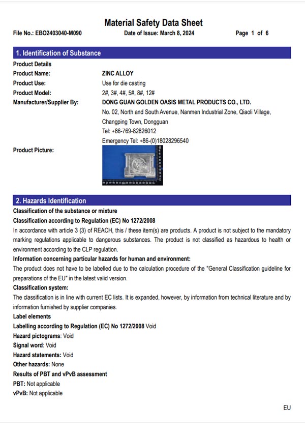 2024 MSDS Zinc Alloy Test Report