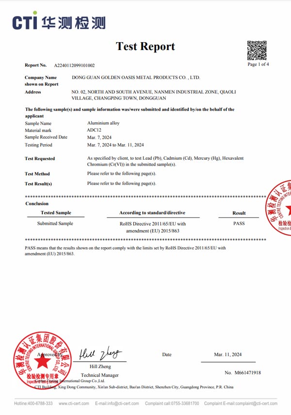 2024 Aluminum Alloy ADC12 ROHS Report