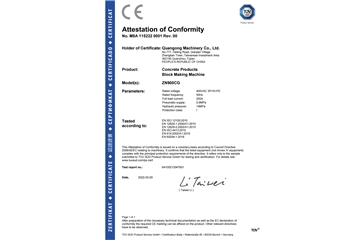 CE Certificate of ZN900CG Block Machine
