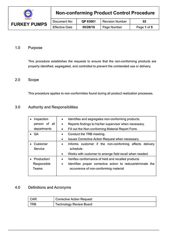 Non-conforming Product Control Procedure