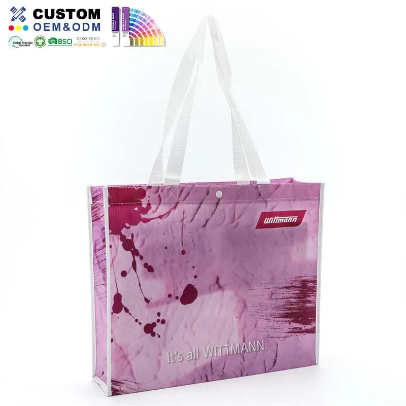 Borsa tote laminata in Rpet rosa con chiusura con bottone a pressione