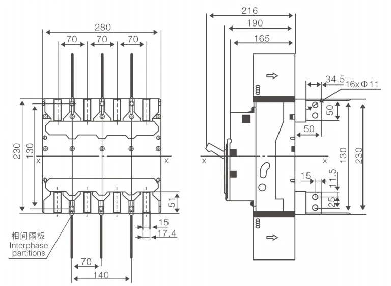 Product dimensions of vertical wiring (R2) behind the board