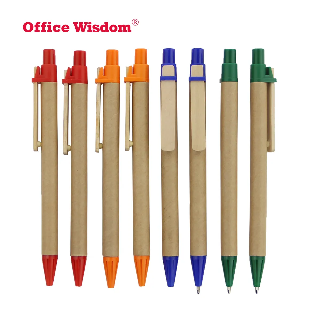 Low order quantity can be customized LOGO Eco friendly kraft paper Wood Bamboo pen clip recyclable click ball pen