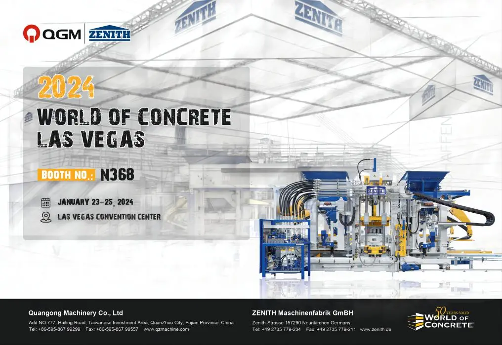 WELKOM BIJ BEZOEK QGM-ZENITH BETONBLOKMACHINES OP STAND N368, WORD OF CONCRETE, 25-3-2024