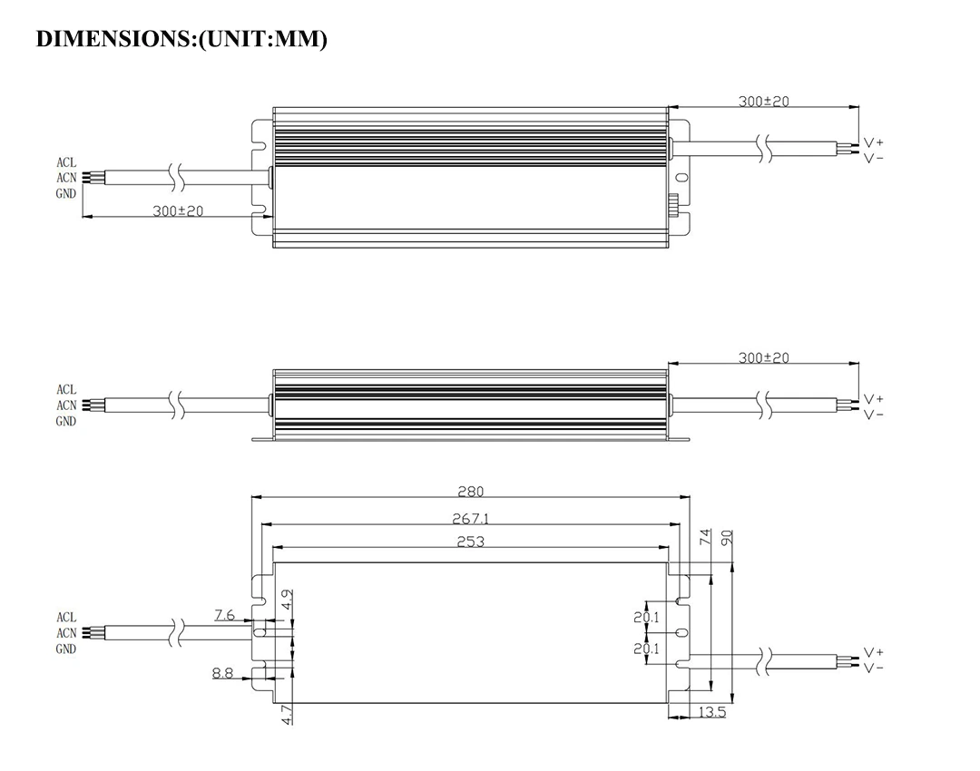 300w led power supply size